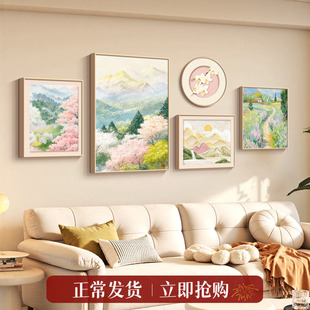 客厅装饰画樱花风景治愈系沙发背景墙挂画背靠金山原木风组合壁画