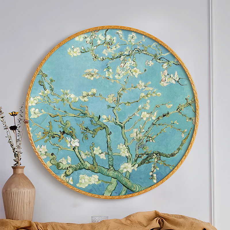 法式复古客厅装饰画美式餐厅壁画欧式圆形玄关柜挂画梵高花卉油画图片