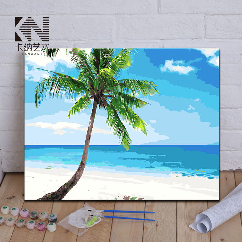 diy数字油画海边风情椰子树手工填色减压数码油彩客厅卧室装饰画