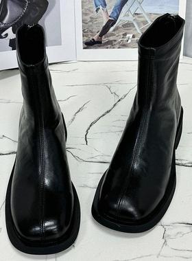 巴迪雅女2024秋冬新款真皮切尔西靴欧洲站粗跟后拉链短靴女99307
