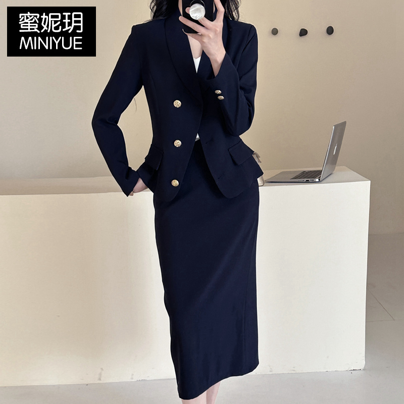 韩系大方得体一套装早秋冬职业正装面试主持西装外套包臀裙两件套