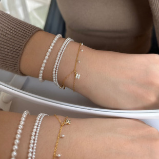 Le matin小众14K包金四叶草施家珍珠满天星双层叠戴手链原创设计