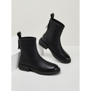 粗跟瘦瘦靴女秋冬新款加绒百搭圆头休闲短靴气质黑色高跟鞋