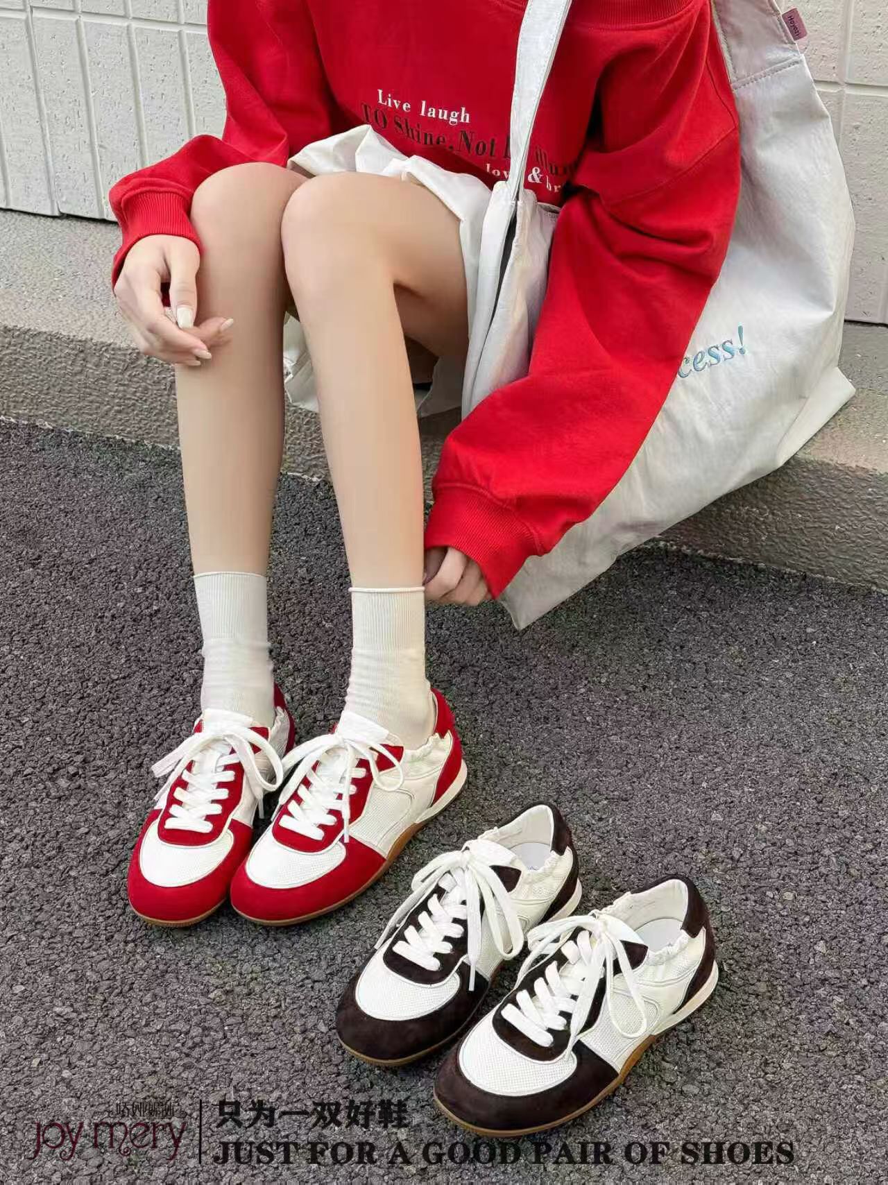 娇娅媚妮专柜正品2026新款牛皮拼接系带低跟红色德训鞋休闲运动鞋