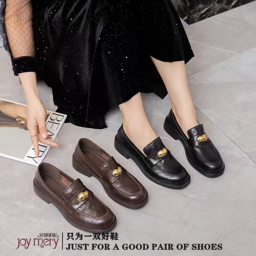 专柜正品娇娅媚妮2025新款牛皮小金豆平跟休闲单皮鞋豆豆鞋乐福鞋