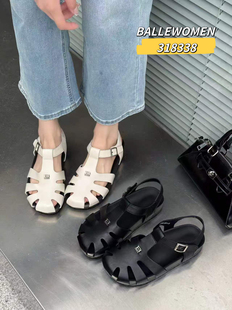 专柜白丽女人2026新款牛皮编织镂空休闲凉鞋罗马平底鞋