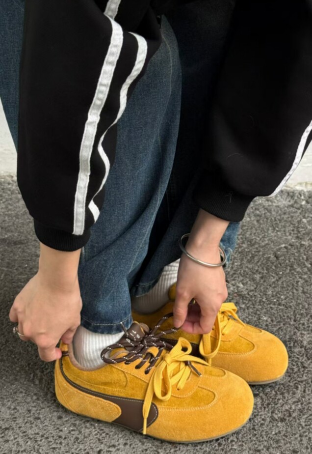 专柜正品多巴胺黄色厚底德训鞋女冬季新款加绒保暖棉鞋真皮阿甘鞋