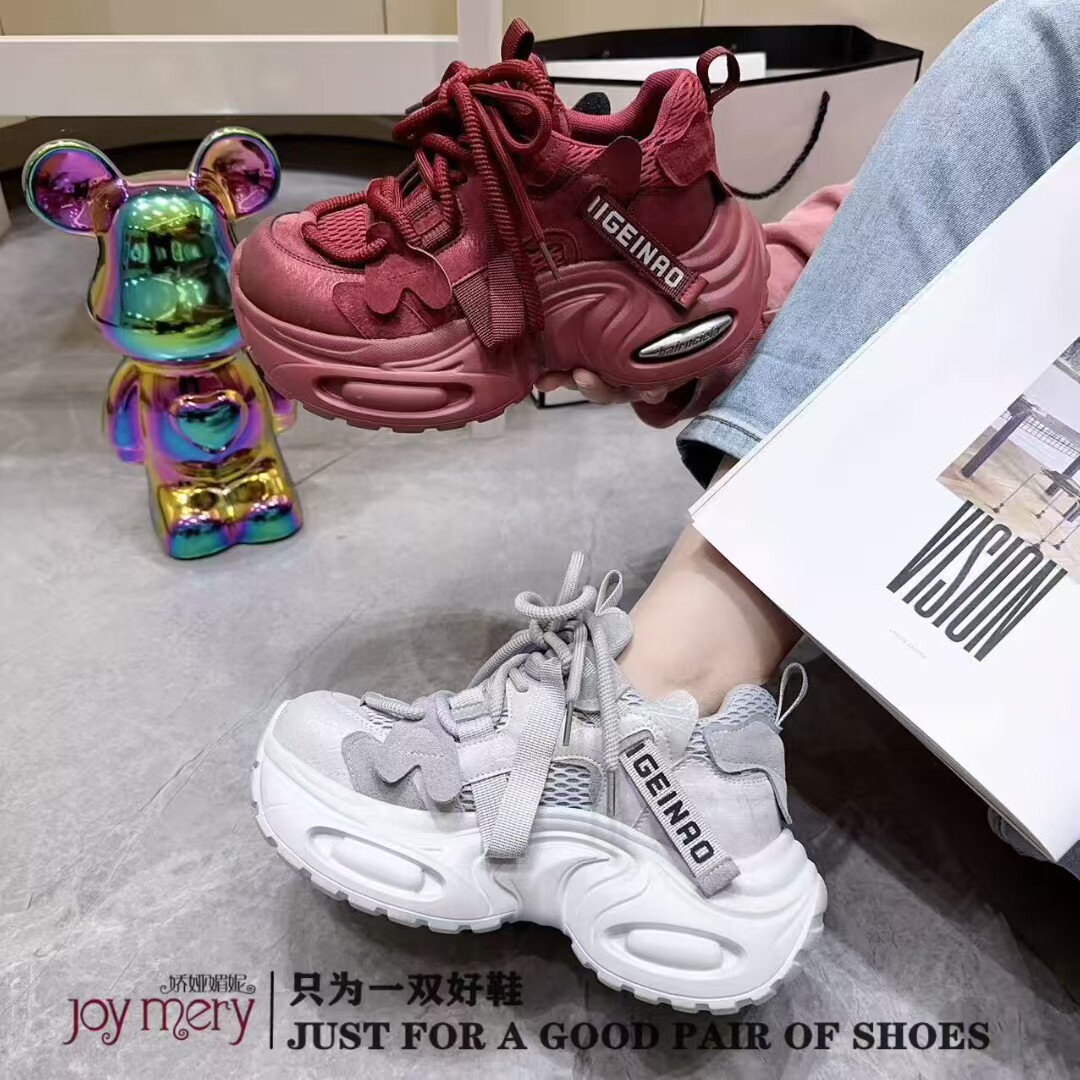 专柜正品娇娅媚妮2026新款商场同款牛皮拼接网面红色厚底老爹鞋潮