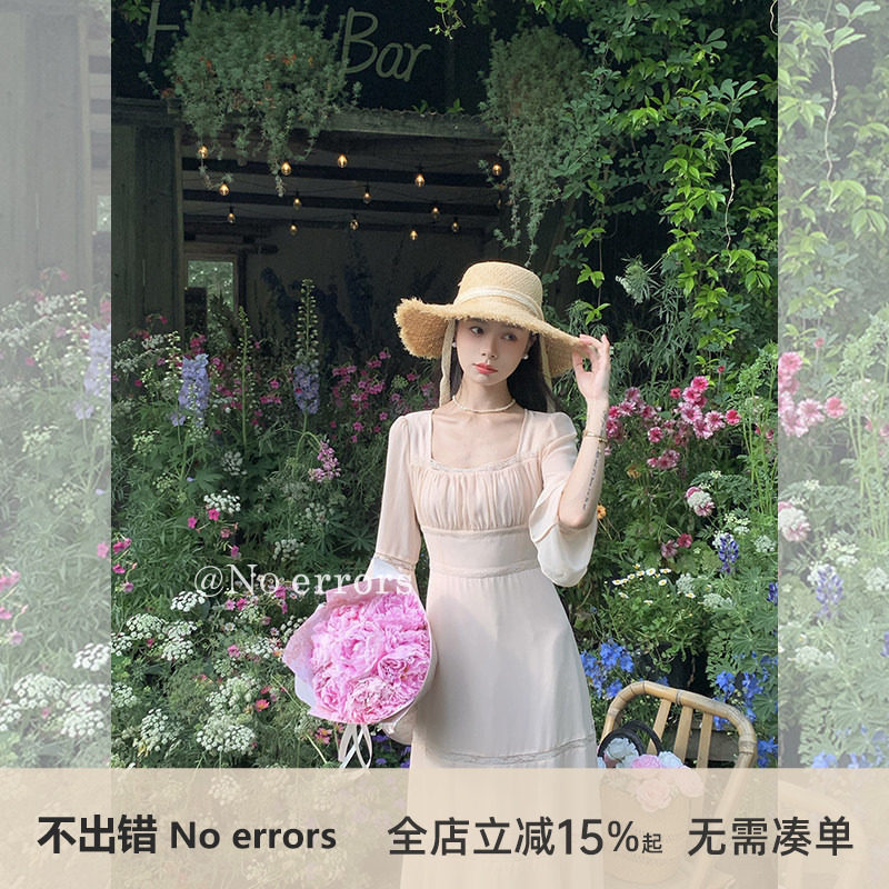 不出错No errors重工蕾丝拼接雪纺连衣裙甜美法式方领裙子 - 实物图