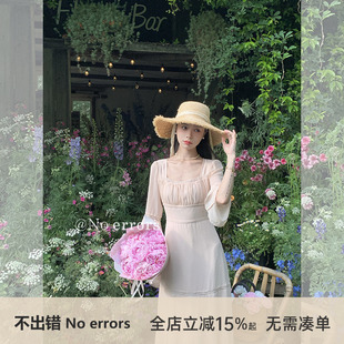 不出错No errors重工蕾丝拼接雪纺连衣裙甜美法式方领裙子