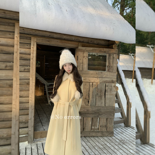 不出错 No errors可拆卸毛领羊绒羊毛双面呢大衣女带腰带毛呢外套