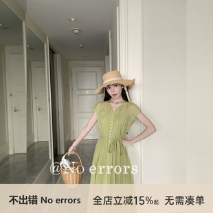 不出错No errors 法式V领系带连衣裙 苔藓绿显白夏季裙子