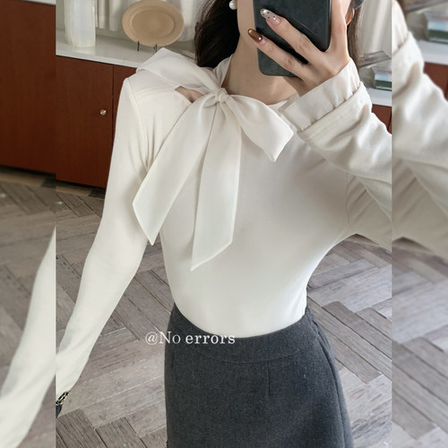 不出错 No errors春秋拼接磨毛加绒打底衫女蝴蝶结飘带设计感上衣