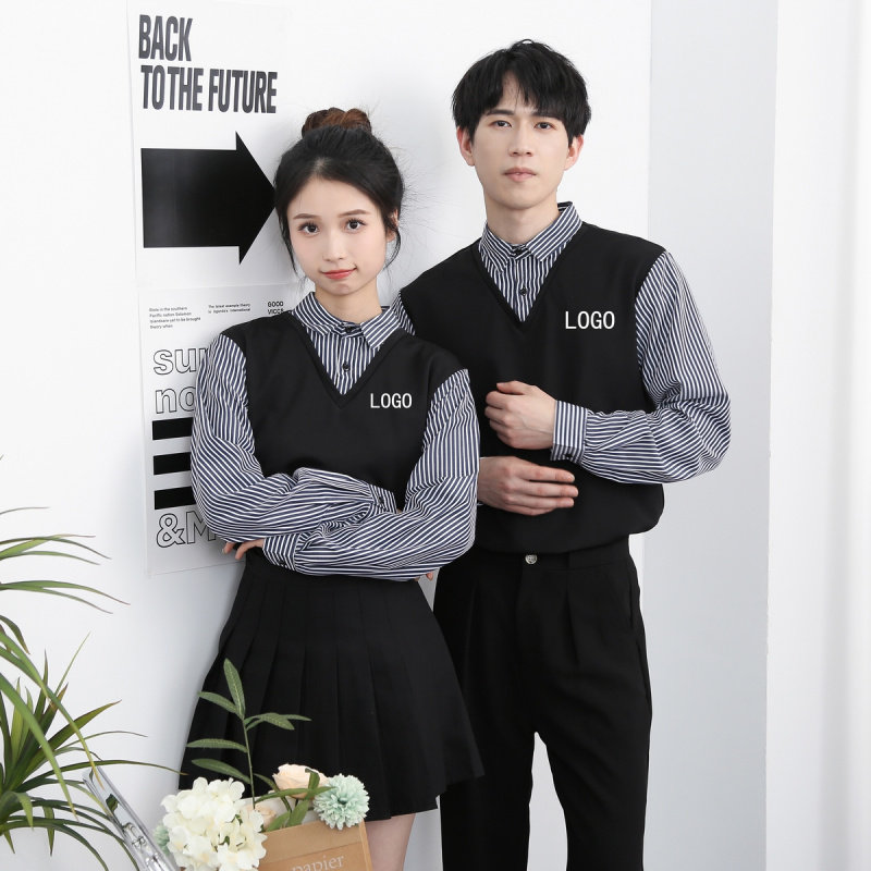 美发师理发店工作服发廊烫染技师服务员长袖衬衫条纹定制logo衬衣
