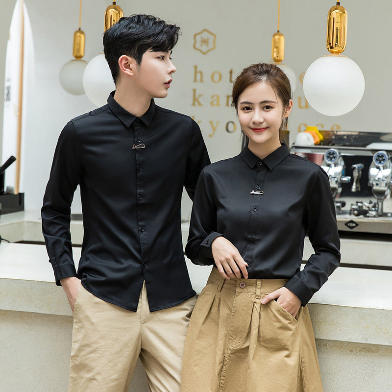 咖啡师衬衫定制logo男女奶茶店清吧美发师理发店技师工作服长袖潮
