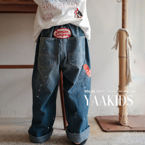 返场！春秋儿童牛仔裤日系刺绣徽章瓢虫泼墨男女童直筒长裤薄柔软