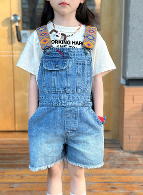 2025夏儿童裤子好莱坞同款民族风织带女童毛边牛仔背带短裤热裤