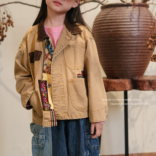 春秋儿童外套GOTO小众重工碎花补丁做旧复古男女童翻领夹克亲子