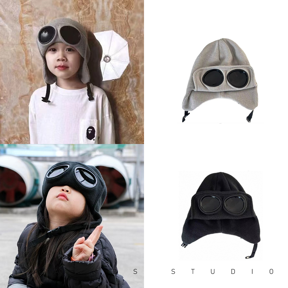 秋冬男女儿童帽子日系护耳防风保暖飞行员墨镜滑雪护目亲子针织帽