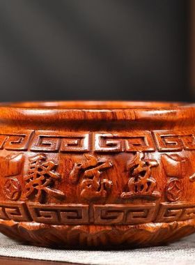 花梨木雕刻聚宝盆摆件实红木工艺品客厅装饰香炉米缸店铺开业送礼