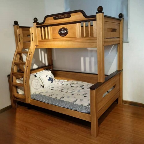 简约现代胡桃木儿童木蜡油高低床