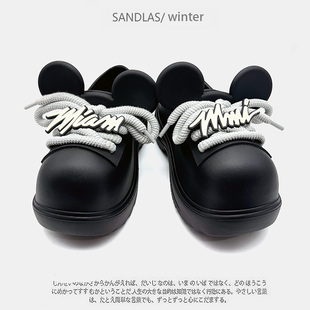 秋冬新款 外穿加绒一脚蹬懒人鞋 德比鞋 厚底增高情侣大头穆勒棉拖鞋