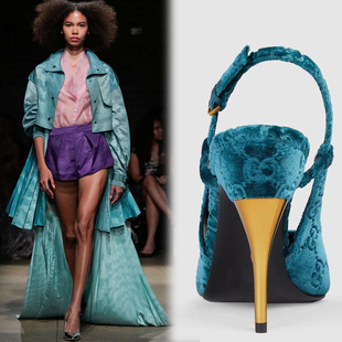 欧美新款双G尖头皮带扣绊带细高跟女士凉鞋 大码包头金丝绒字母鞋