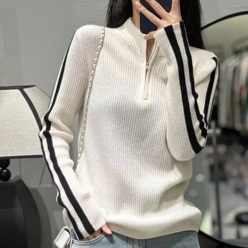 拼色半高领拉链套头羊毛衫女修身显瘦韩版毛衣纯羊绒针织打底上衣