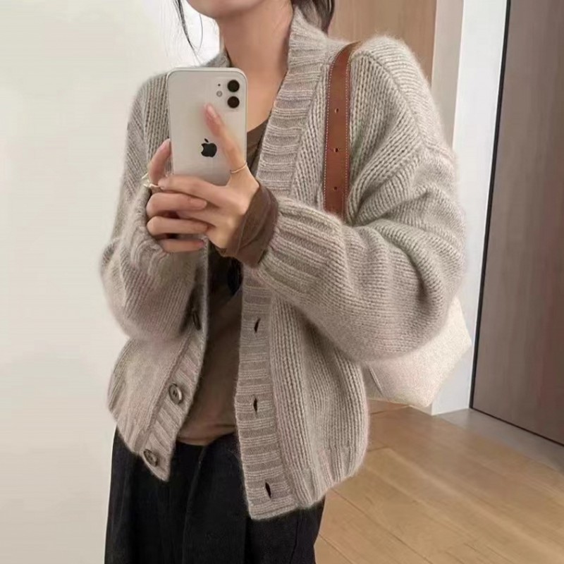 2024秋冬新款韩版宽松慵懒风针织开衫女软糯毛衣外套短款外搭上衣