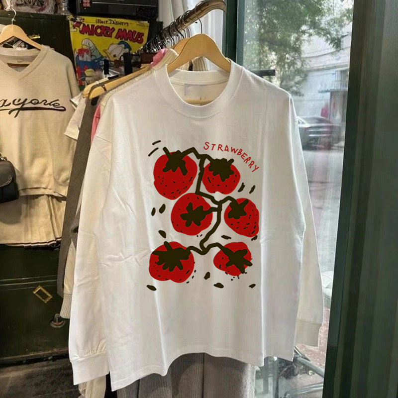 300克重磅纯棉!秋冬潮牌长袖T恤男美式休闲草莓宽松打底衫上衣女