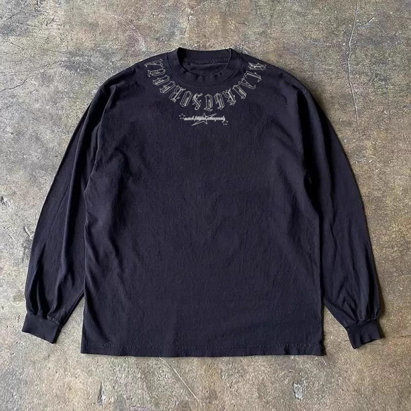 海外订单尾货~秋冬潮牌长袖T恤男美式纯棉围脖梵文宽松大码打底衫