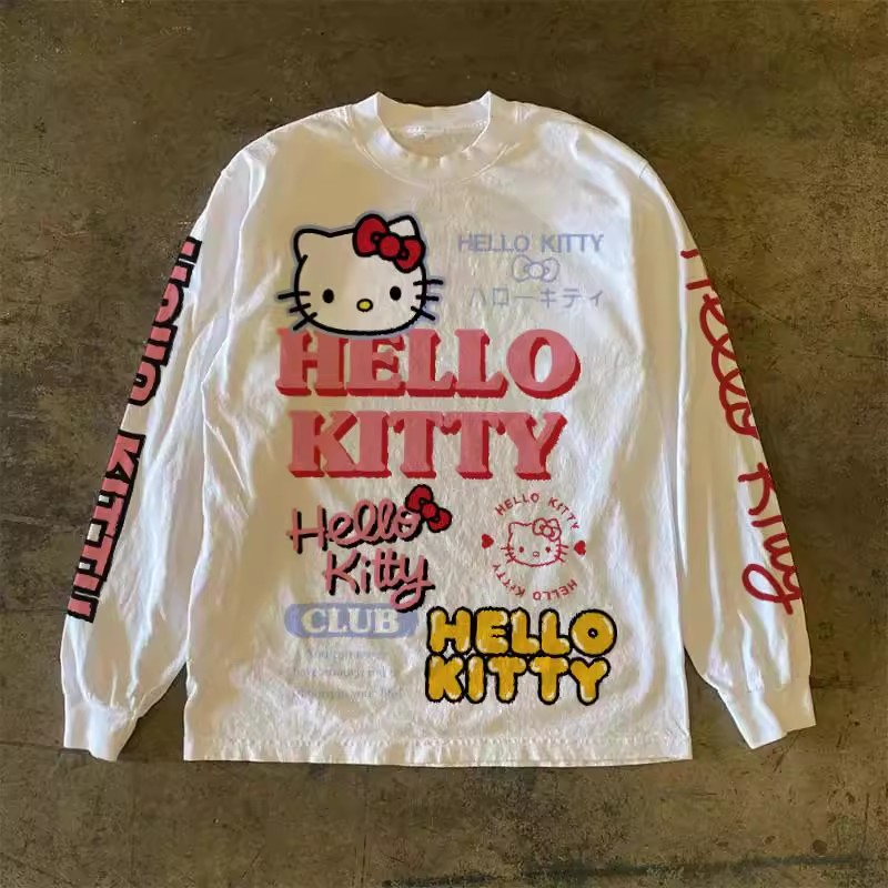 外贸秋潮牌长袖T恤男美式纯棉重磅kitty凯蒂宽松情侣打底衫上衣女