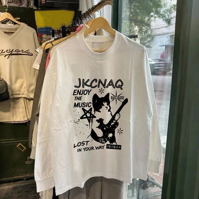 秋冬新款潮流长袖T恤男美式休闲吉他猫咪棉重磅大码上衣打底衫女
