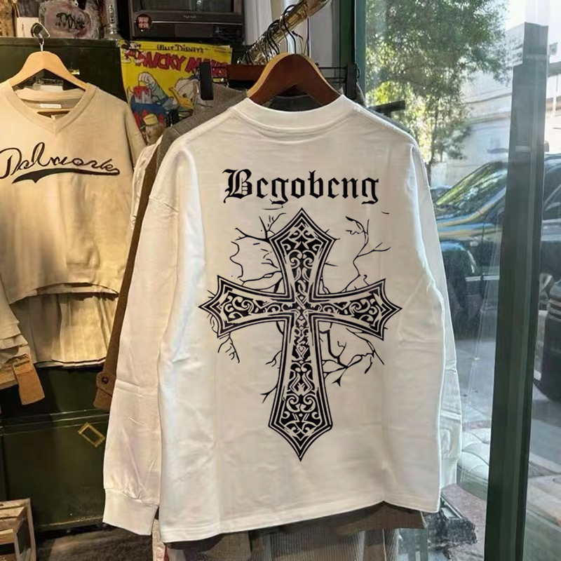 300克重磅纯棉！春秋潮牌长袖T恤男美式休闲梵文十字架打底衫上衣