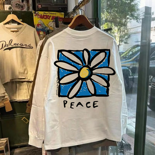 外贸出口~秋冬潮牌长袖T恤男美式世界和平纯棉重磅宽松打底衫上衣