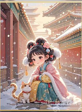 故宫女孩与喵十字绣新款自己绣卡通人物手工刺绣中国风钻石画满钻