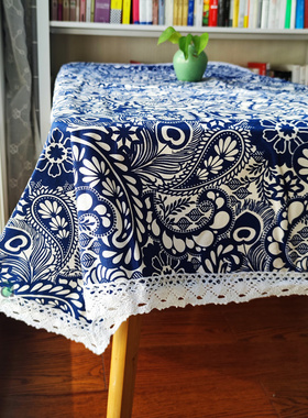 清新中式帆布餐桌布长方形家用桌布田园风圆台布凤尾花棉麻茶几