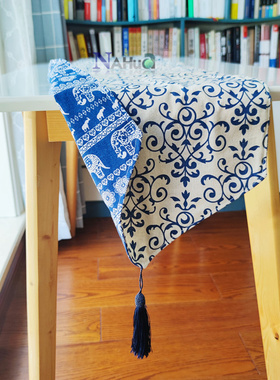 青花瓷藤蔓双面棉麻桌旗蓝色民族风小象长条桌布清新中式田园风布