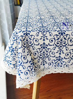 青花瓷藤蔓棉麻桌布清新中式复古茶几布田园风台布