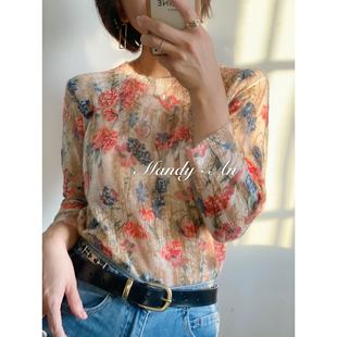 Mandy扶桑花重工金线嵌花印花柔软轻薄微透松织毛衣羊绒针织衫 女