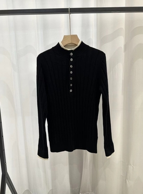 Imitate two woolen sweaters立领仿两件坑条半身扣羊毛衫女