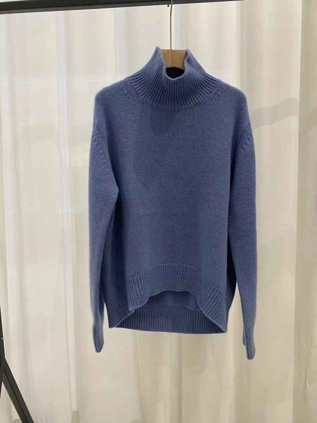 Cashmere sweater高领前短后长下摆针织羊绒衫女