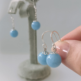 天然海蓝宝色玉髓玉石耳环中长款 蓝水晶耳坠925通体纯银耳钩 短款