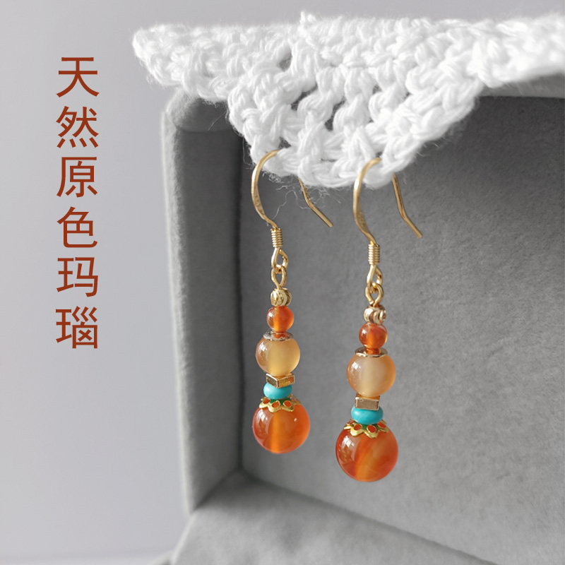 原色玛瑙绿松石天然玉石耳坠925纯银中长款甜美气质耳坠橘色耳环