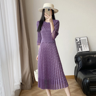 中长款 显瘦连衣裙2026春季 百褶裙 褶皱蕾丝拼接修身 kln5588时尚