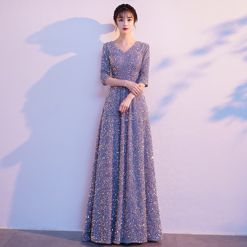 大合唱团演出服女长裙钢琴演奏指挥服装红歌亮片主持人毕业晚礼服