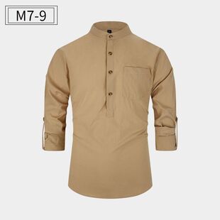 Solid Color Cotton loose casual Henley Long Sleeve Shirt Men