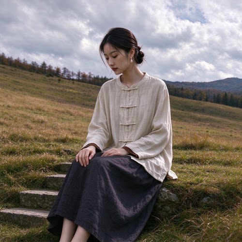 赴野I秋季新款亚麻复古文艺风宽松显瘦百搭男女士盘扣外套M00111