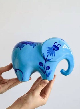 可爱创意小象装饰摆件蓝色花朵手工艺品家居桌面装饰品