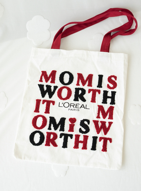 包邮！欧莱雅专柜赠品白色时尚刺绣学生帆布包 立体子母单肩包